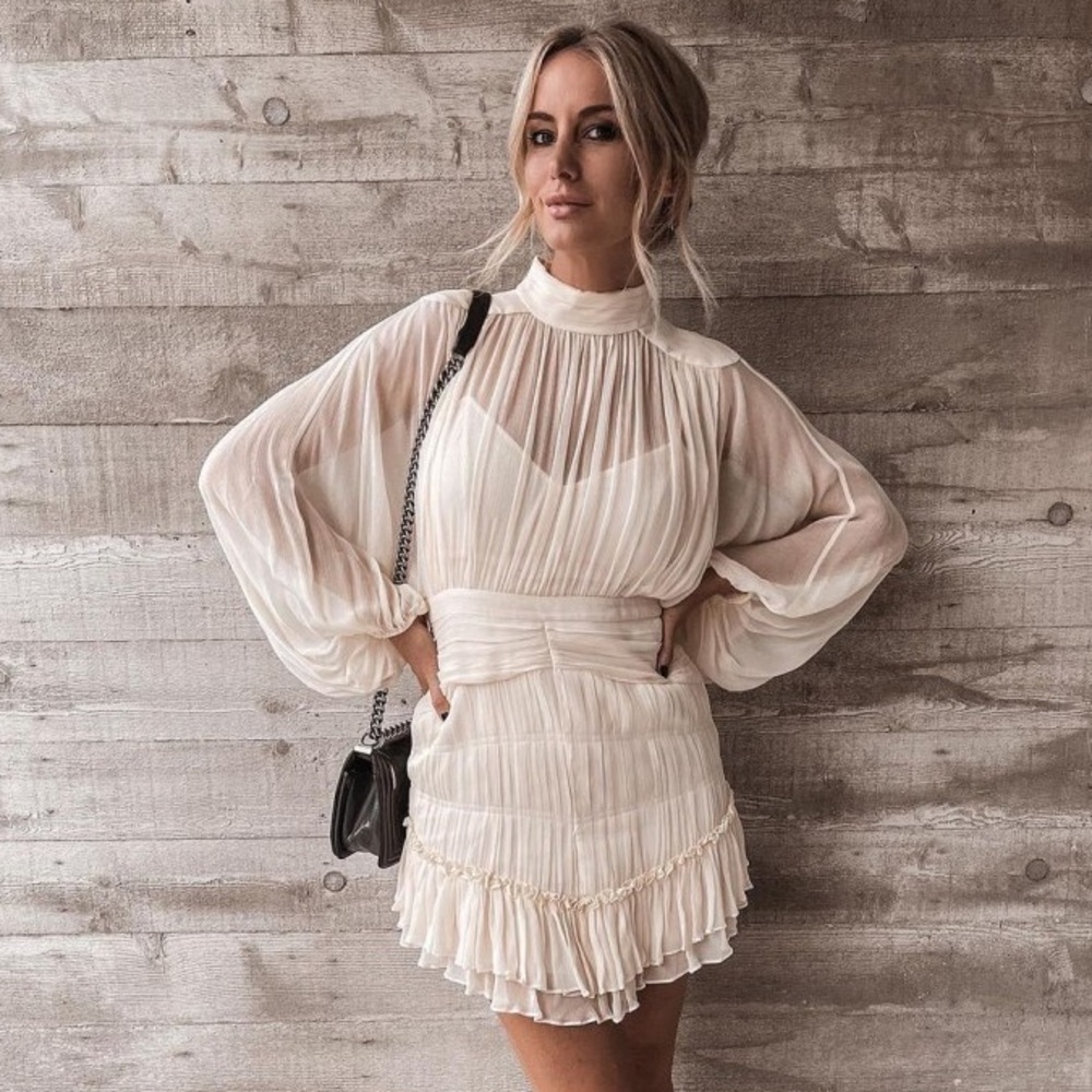 Cream Mock Neck Ruffle Dress